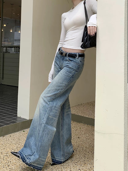 Kumikumi American Retro Blue Washed Distressed Jeans Women's Spring High-Waisted Flared Pants Floor-Length Pants