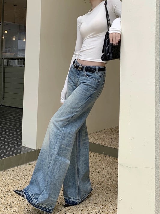 Kumikumi American Retro Blue Washed Distressed Jeans Women's Spring High-Waisted Flared Pants Floor-Length Pants