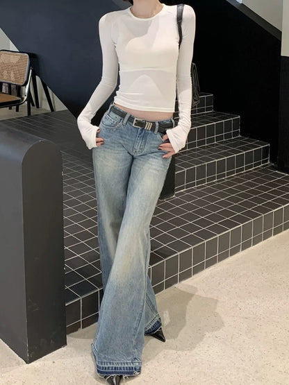 Kumikumi American Retro Blue Washed Distressed Jeans Women's Spring High-Waisted Flared Pants Floor-Length Pants