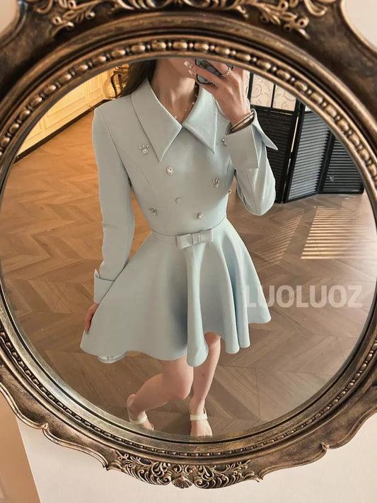 LUOLUOZ [Celebration Manor] Temperament Autumn Beautiful Long Sleeve Splicing Decorative Short Dress JF970