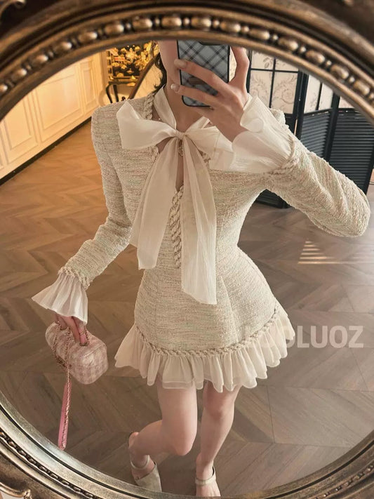 LUOLUOZ [Philadelphia Love Letter] High-end temperament Xiaochan braided waist slimming short dress CC227