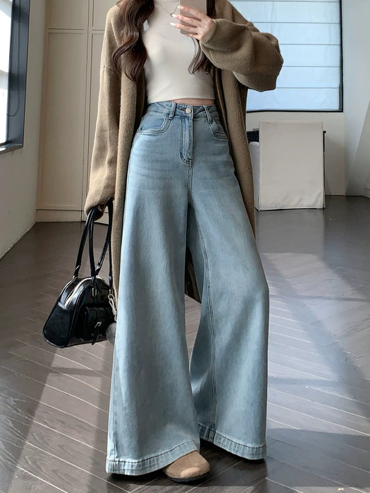 Kumikumi Distressed Washed High-Waisted Wide-Leg Jeans for Women, Spring Style, Loose Fit, Versatile, Slightly Flared Pants