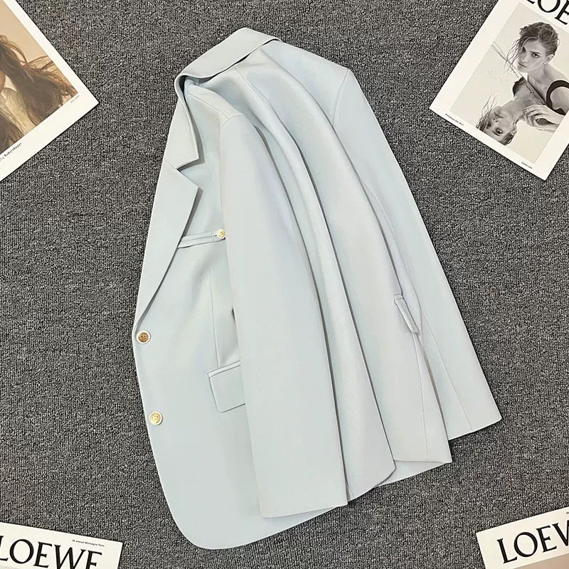 Blue shoulder pad suit jacket for women 2025 spring and autumn new style niche design Korean style temperament versatile suit trend