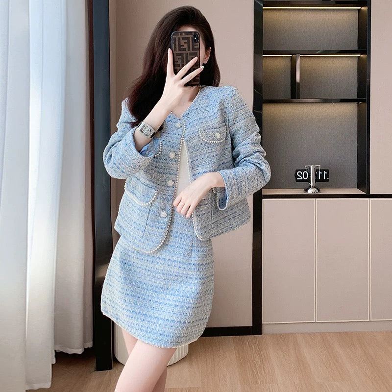 High-end small fragrance fashion suit for women 2024 autumn and winter new temperament age-reducing skirt heavy industry two-piece set
