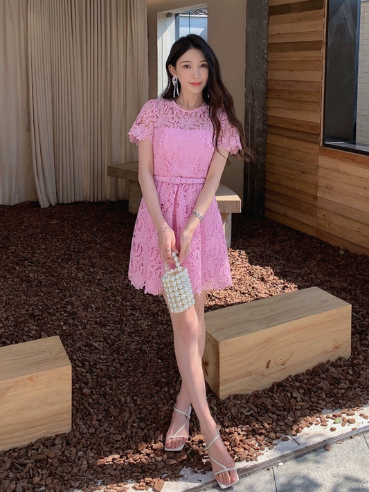 Women's 2024 new style cherry blossom pink lace short-sleeved round neck high-end temperament dress beautiful waist skirt