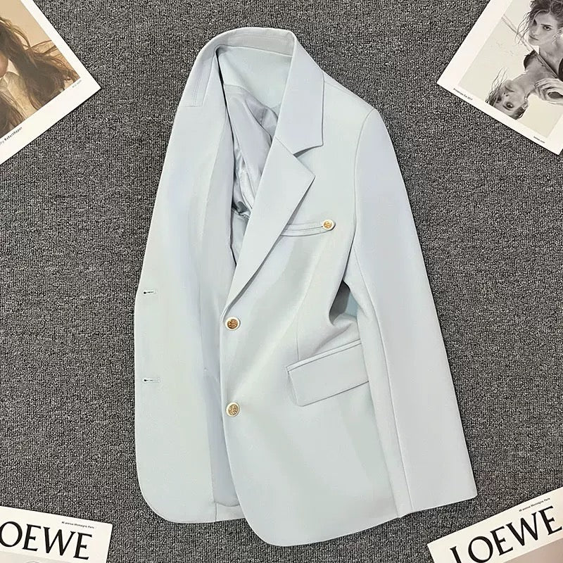 Blue shoulder pad suit jacket for women 2025 spring and autumn new style niche design Korean style temperament versatile suit trend