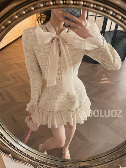 LUOLUOZ [Philadelphia Love Letter] High-end temperament Xiaochan braided waist slimming short dress CC227