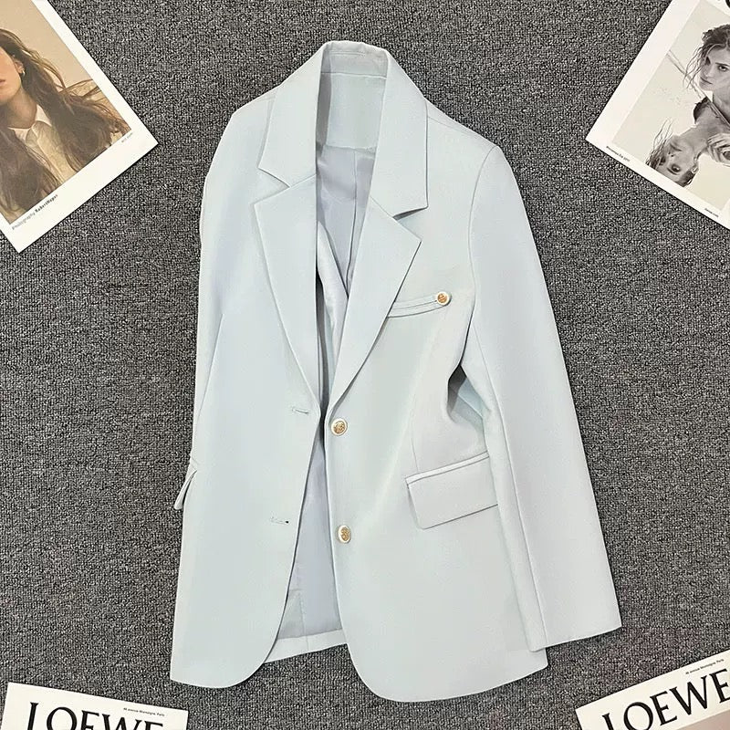 Blue shoulder pad suit jacket for women 2025 spring and autumn new style niche design Korean style temperament versatile suit trend
