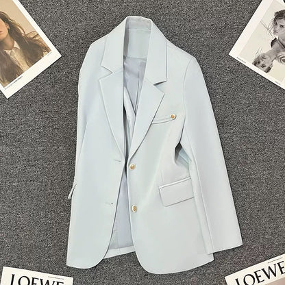 Blue shoulder pad suit jacket for women 2025 spring and autumn new style niche design Korean style temperament versatile suit trend