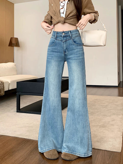 Kumikumi casual style blue distressed slimming high-waisted jeans women's spring versatile flared wide-leg pants