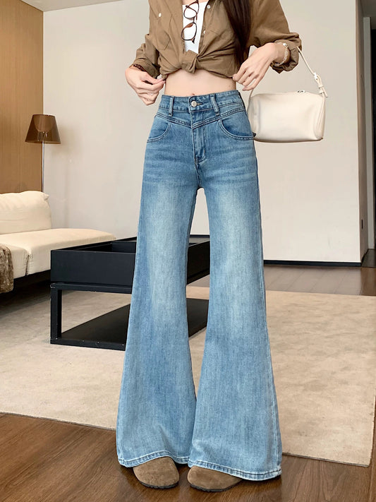 Kumikumi casual style blue distressed slimming high-waisted jeans women's spring versatile flared wide-leg pants