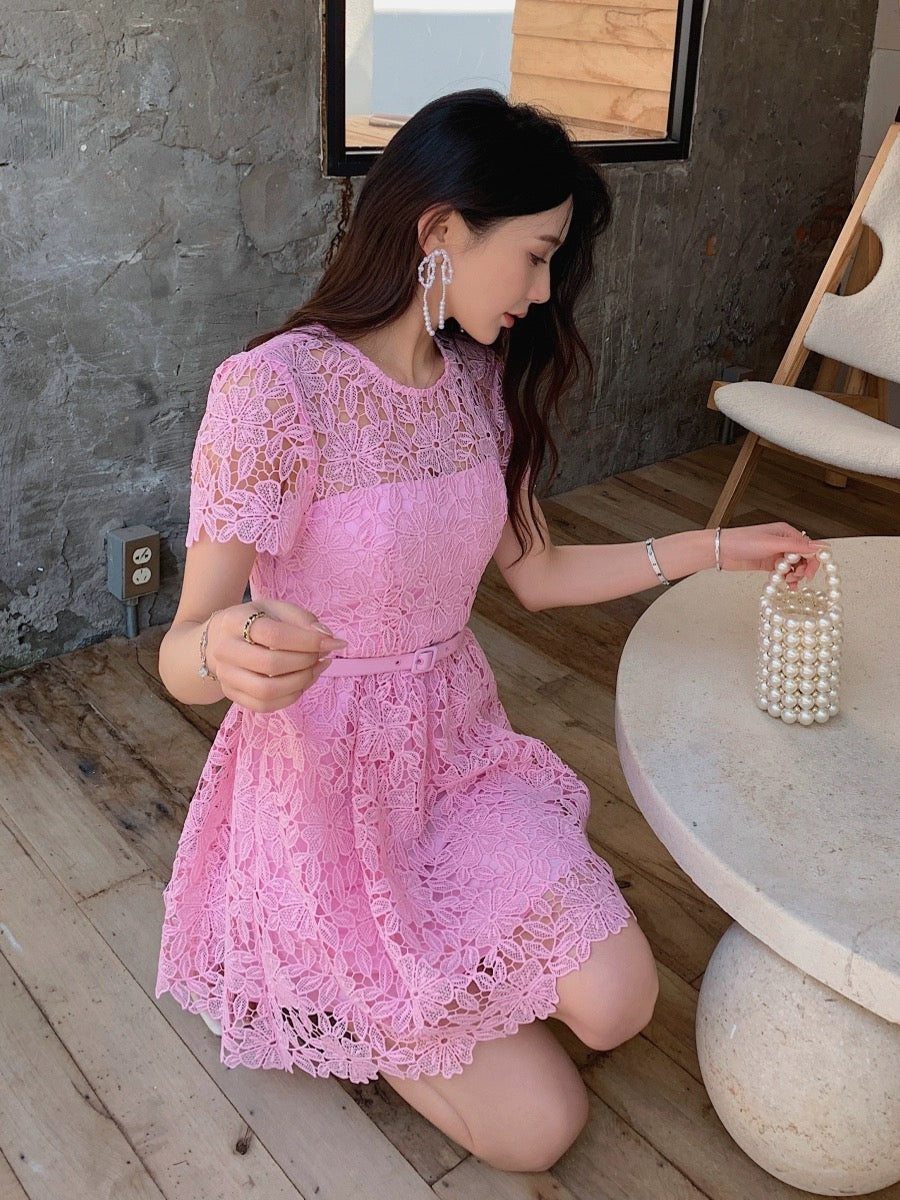 Women's 2024 new style cherry blossom pink lace short-sleeved round neck high-end temperament dress beautiful waist skirt