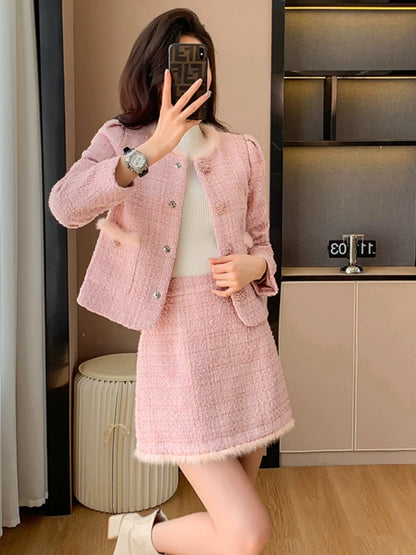 French high-end 2024 new pink small fragrant style short coat suit for women, winter goddess style, age-reducing and slimming two-piece set