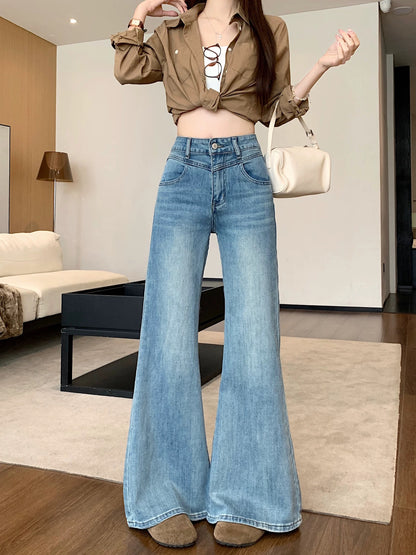 Kumikumi casual style blue distressed slimming high-waisted jeans women's spring versatile flared wide-leg pants