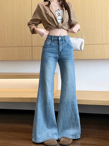 Kumikumi casual style blue distressed slimming high-waisted jeans women's spring versatile flared wide-leg pants