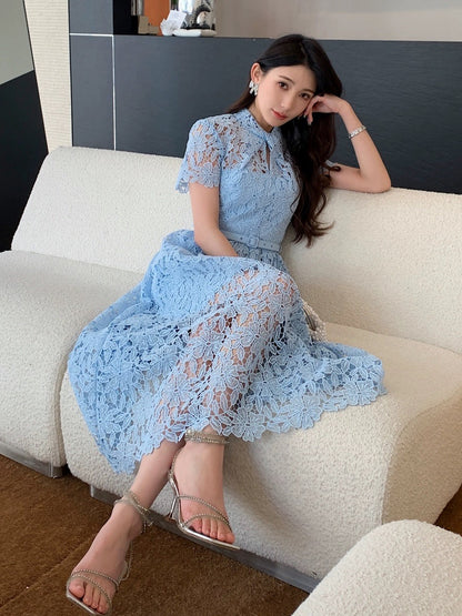 Summer women's 2024 new blue water-soluble lace crooked collar short-sleeved temperament long skirt high-end new Chinese style dress