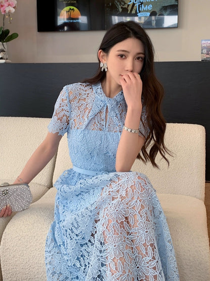 Summer women's 2024 new blue water-soluble lace crooked collar short-sleeved temperament long skirt high-end new Chinese style dress