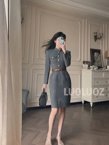 LUOLUOZ [Isle of Man Coffee] Hepburn-style temperament heavy-work stand-up collar waist goddess style mid-length dress
