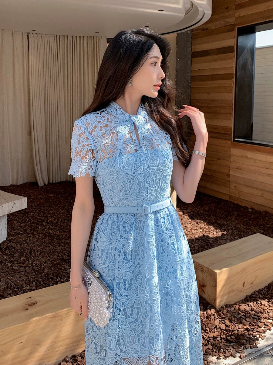 Summer women's 2024 new blue water-soluble lace crooked collar short-sleeved temperament long skirt high-end new Chinese style dress