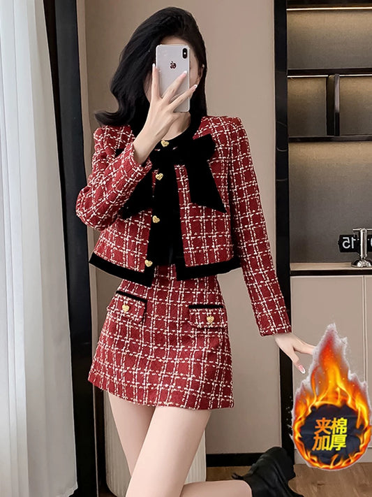 French high-end 2024 autumn and winter new high-end slimming red wool thickened plaid temperament fashionable two-piece set