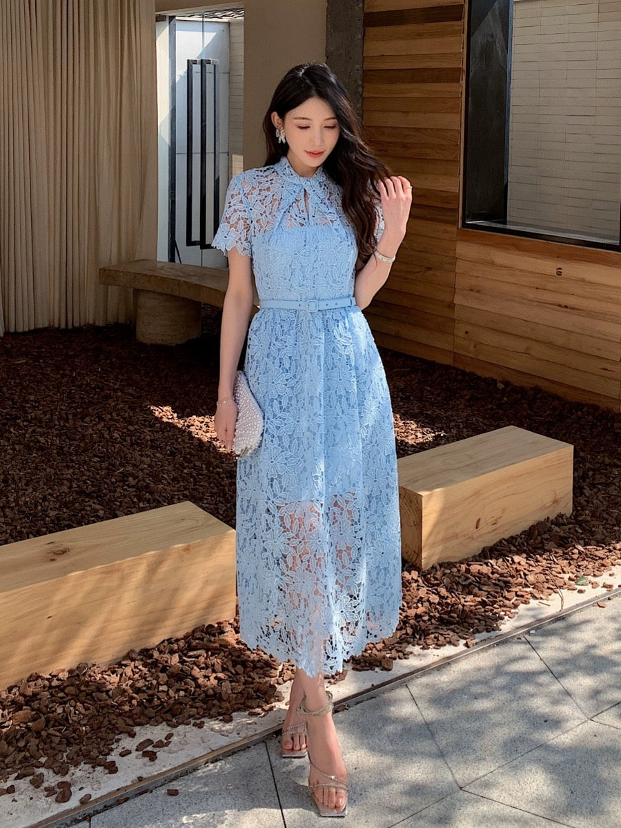 Summer women's 2024 new blue water-soluble lace crooked collar short-sleeved temperament long skirt high-end new Chinese style dress