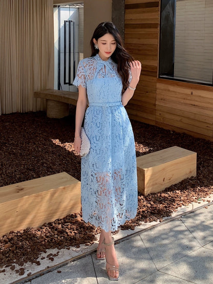 Summer women's 2024 new blue water-soluble lace crooked collar short-sleeved temperament long skirt high-end new Chinese style dress