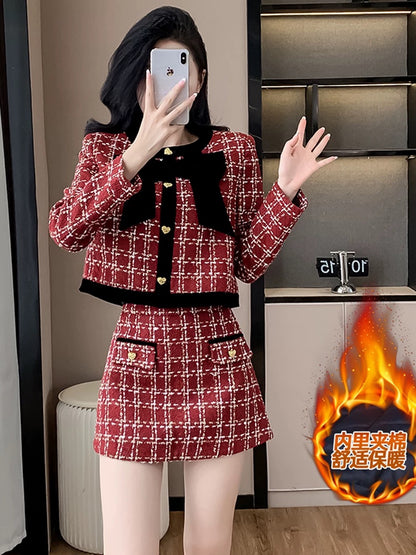 French high-end 2024 autumn and winter new high-end slimming red wool thickened plaid temperament fashionable two-piece set