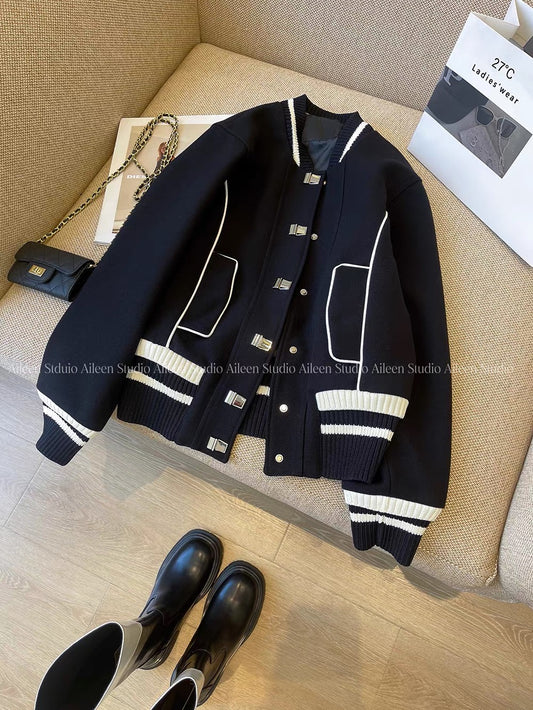 Black baseball jacket top women 2025 autumn new Korean Dongdaemun design short cotton jacket