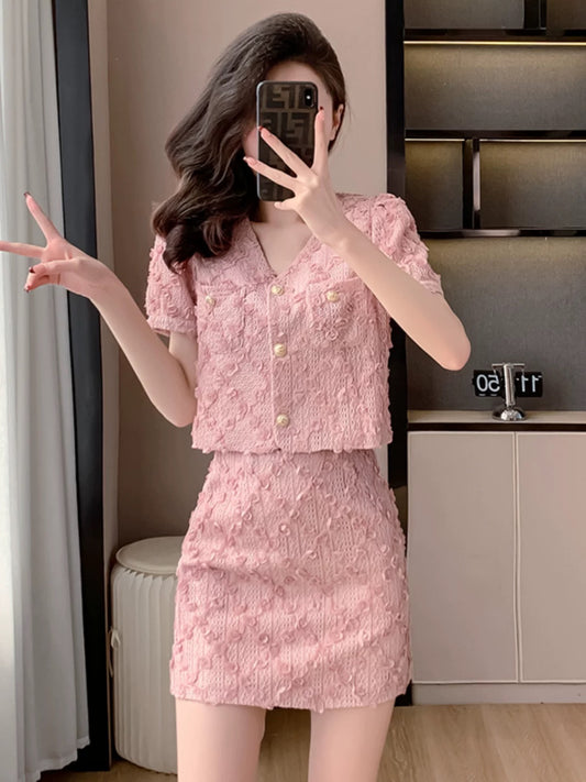 Xiaoxiangfeng pink lace top skirt suit women's summer dress with a complete two-piece set for petite celebrities