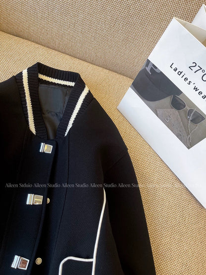 Black baseball jacket top women 2025 autumn new Korean Dongdaemun design short cotton jacket