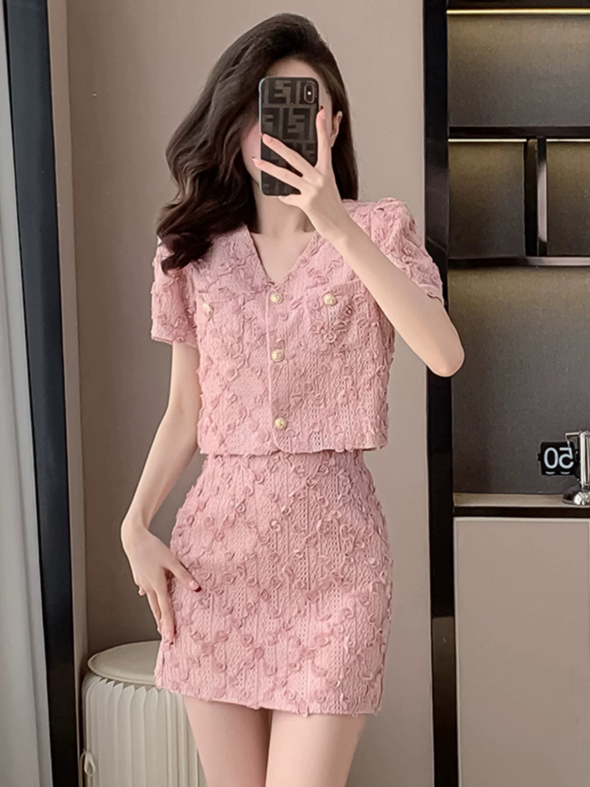 Xiaoxiangfeng pink lace top skirt suit women's summer dress with a complete two-piece set for petite celebrities