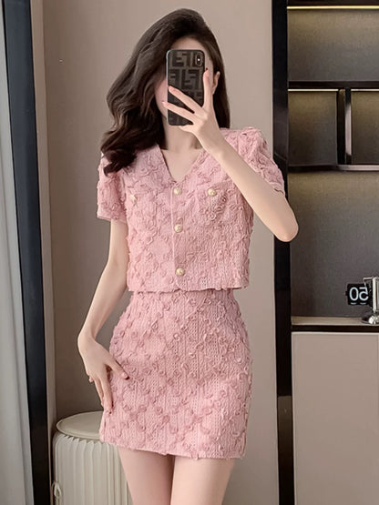 Xiaoxiangfeng pink lace top skirt suit women's summer dress with a complete two-piece set for petite celebrities