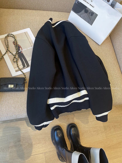 Black baseball jacket top women 2025 autumn new Korean Dongdaemun design short cotton jacket