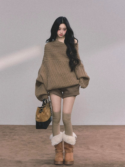AOMALM, a Norwegian exchange student, presents a 100% American-style knitted cable sweater for women, featuring a loose-fitting off-shoulder design for autumn and winter.