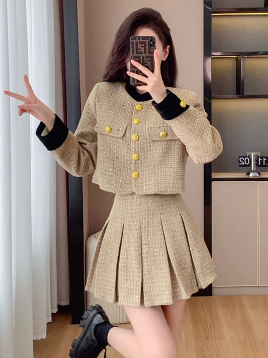 Xiaoxiangfeng Jacket 2024 New Autumn Style Winter Pleated Skirt Suit Women's Two-piece Skirt to Reduce Age