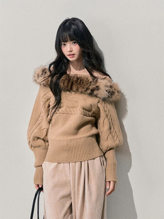 AOMALM's "Tea Fragrance Enveloping the Twilight" Off-Shoulder French Mohair Sweater for Women, Winter Cable Knit Top