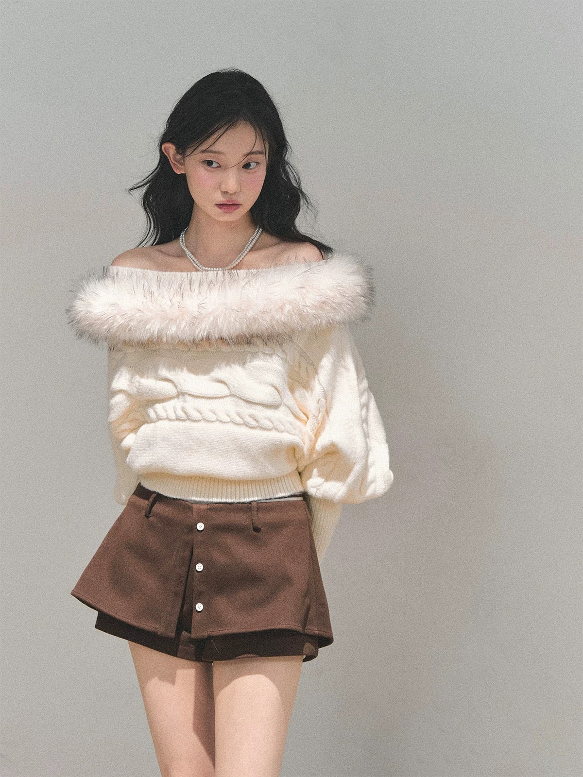 AOMALM's "Tea Fragrance Enveloping the Twilight" Off-Shoulder French Mohair Sweater for Women, Winter Cable Knit Top