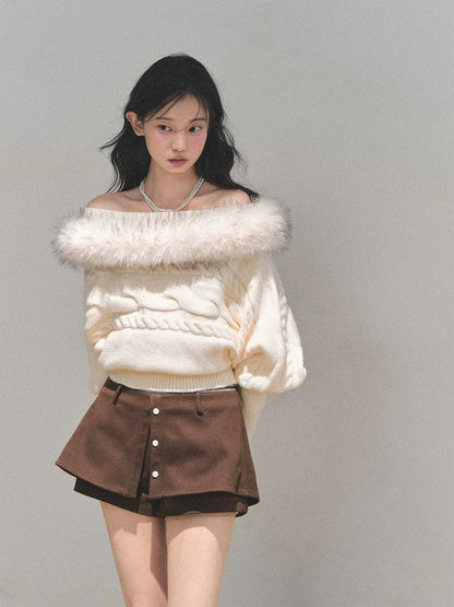 AOMALM's "Tea Fragrance Enveloping the Twilight" Off-Shoulder French Mohair Sweater for Women, Winter Cable Knit Top