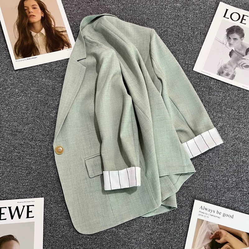 Light green thin suit jacket for women 2024 summer new cuff stripes one button fashionable all-match suit