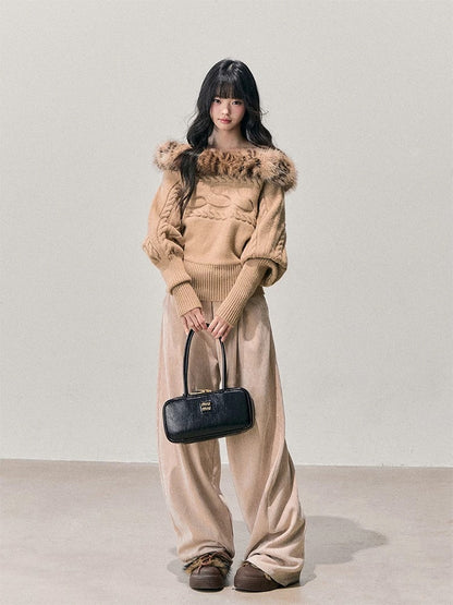 AOMALM's "Tea Fragrance Enveloping the Twilight" Off-Shoulder French Mohair Sweater for Women, Winter Cable Knit Top