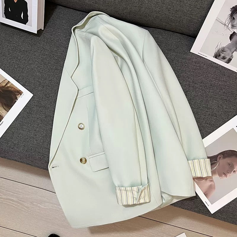 Light green cuff stripe design suit jacket for women 2025 autumn new high-end fashion age-reducing suit trend