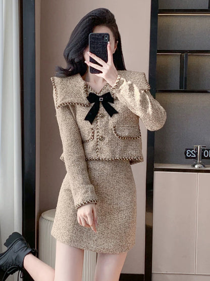 2024 autumn and winter new style French rich daughter khaki bow small fragrant style elegant lady two-piece suit skirt
