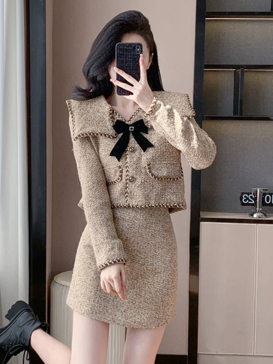 2024 autumn and winter new style French rich daughter khaki bow small fragrant style elegant lady two-piece suit skirt