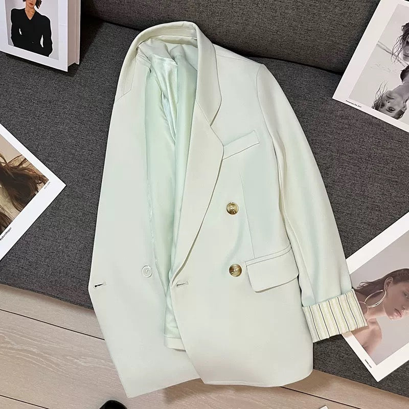 Light green cuff stripe design suit jacket for women 2025 autumn new high-end fashion age-reducing suit trend