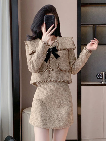 2024 autumn and winter new style French rich daughter khaki bow small fragrant style elegant lady two-piece suit skirt