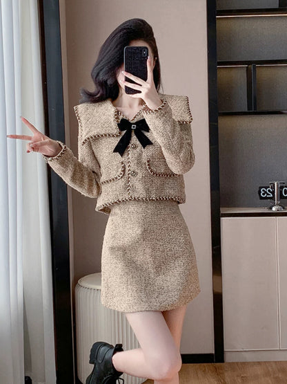 2024 autumn and winter new style French rich daughter khaki bow small fragrant style elegant lady two-piece suit skirt