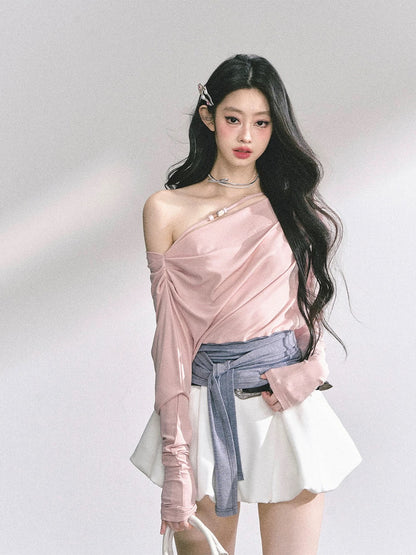 AOMALM's "Sweet and Soft" Korean Style Long-Sleeved Off-Shoulder Sexy T-Shirt for Women, Short Design Top for Summer