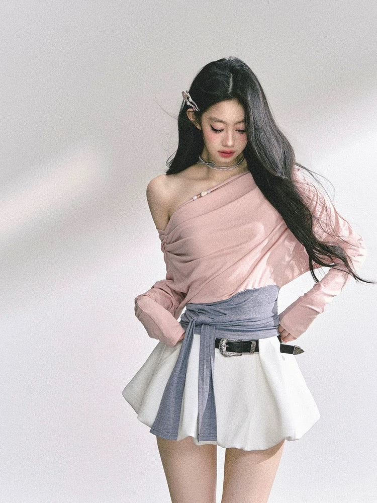 AOMALM's "Sweet and Soft" Korean Style Long-Sleeved Off-Shoulder Sexy T-Shirt for Women, Short Design Top for Summer