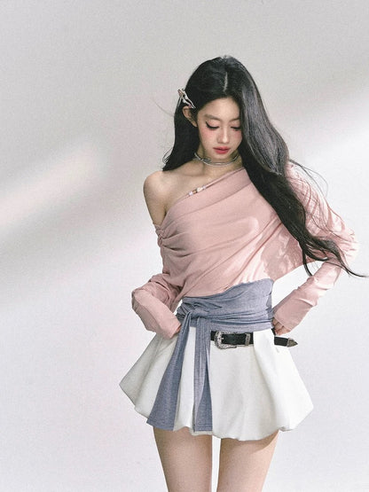 AOMALM's "Sweet and Soft" Korean Style Long-Sleeved Off-Shoulder Sexy T-Shirt for Women, Short Design Top for Summer
