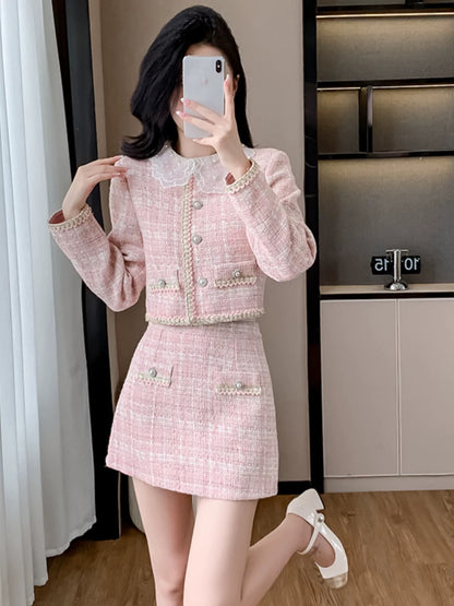 French high-end 2024 autumn and winter new pink tweed small fragrant jacket and skirt suit two-piece set
